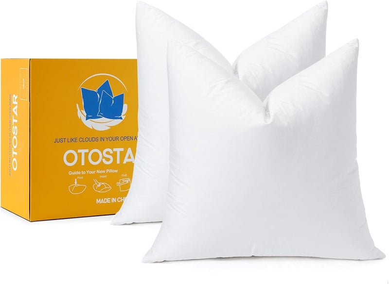 Otostar عبوة من 2 وسائد رمي من الريش والريش، 18 × 18 وسائد مربعة ناعمة ورقيقة مع غلاف قطن 100% وسائد زخرفية للكنبة السرير-بيضاء - Image 1